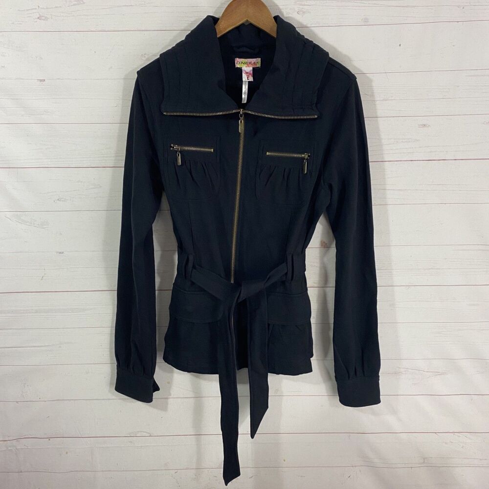O'Neill Womens Belted Zip Front Cotton Jacket Sz L Black Pockets Shawl Collared